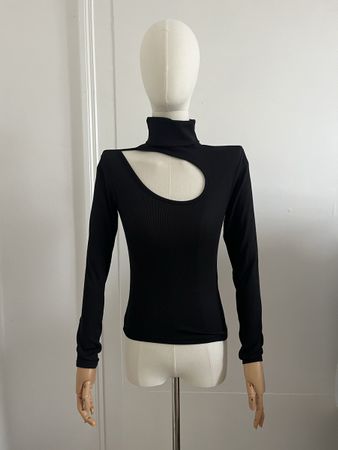 Black Ribbed Cut Out Turtle Neck Top - Size XS/S