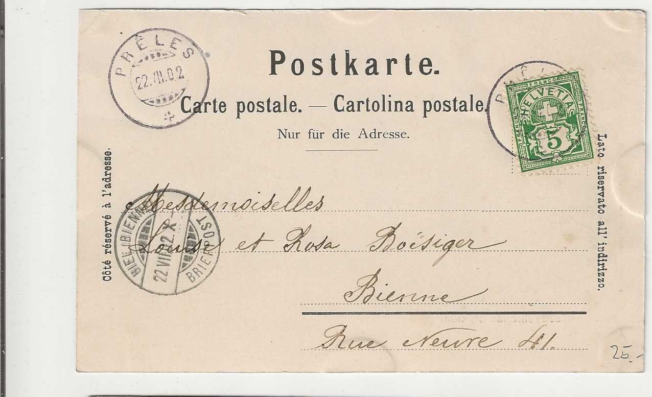 Cartoline postali: Prêles, / Prägels, 1902, Litho – Usato da Spiez venduto da Niesen20 1