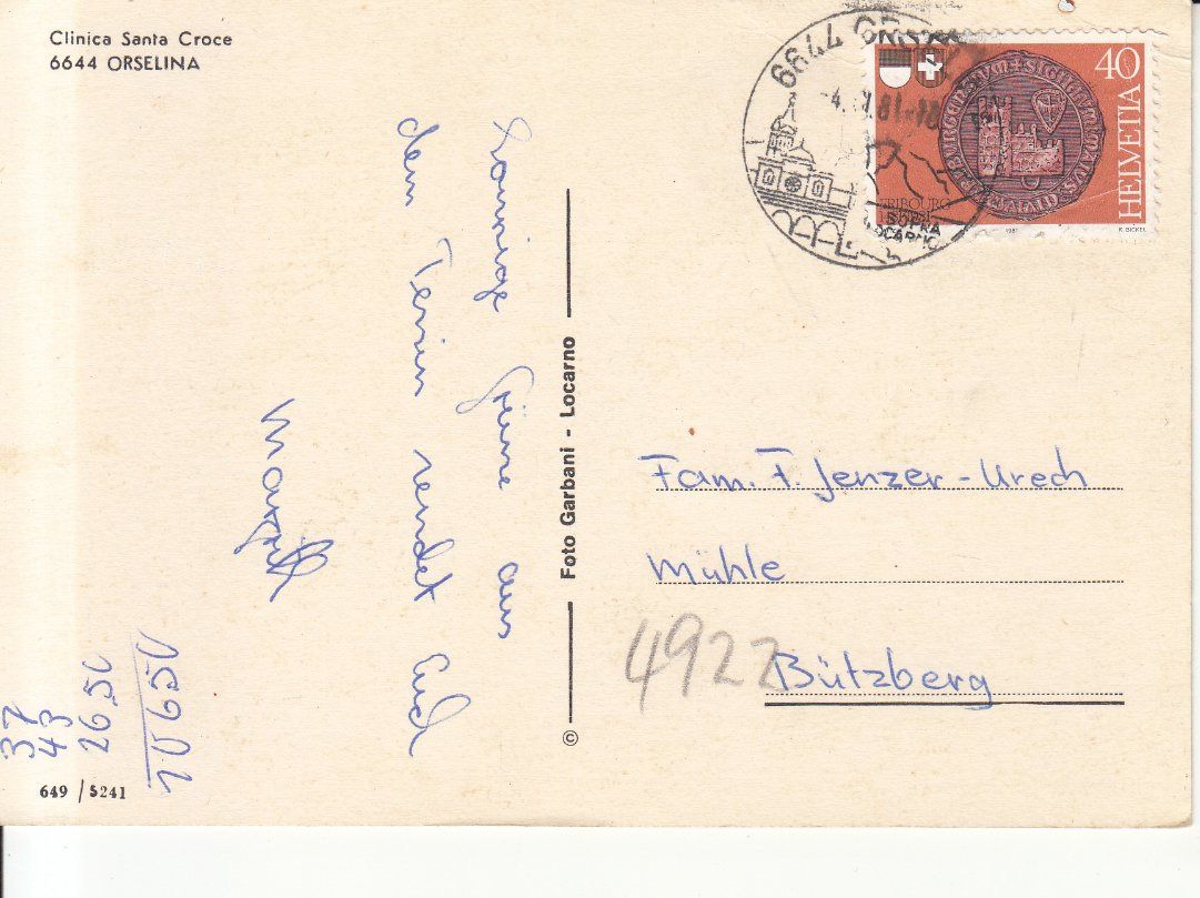 Cartoline postali: Orselina 1981 – Usato da Bürglen TG venduto da StampGraf 1