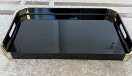 Vintage 90s Serviertablett schwarz glänzend, goldene Akzente