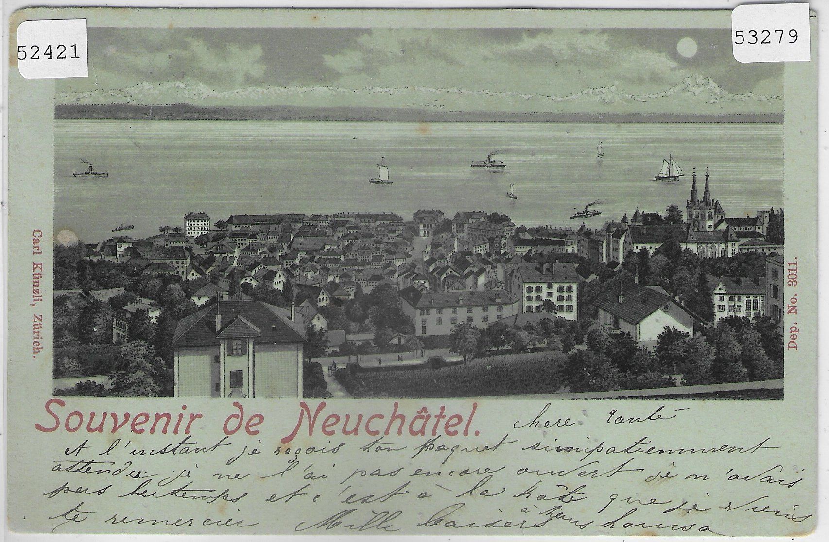 Cartoline postali: Souvenir de Neuchatel - Litho 1898!! Mondschein – Usato da Ettingen venduto da Kartenplanet