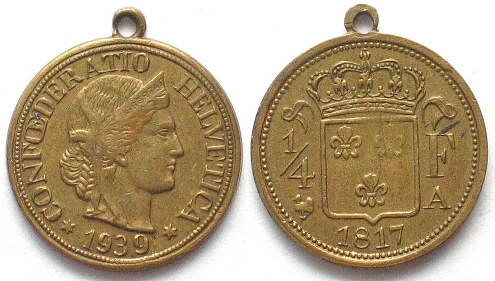 Tutti le monete: PRIVATE PROBE 1/4 F 1817/1939 Messing – Usato da Riehen venduto da sesambestcoins2004