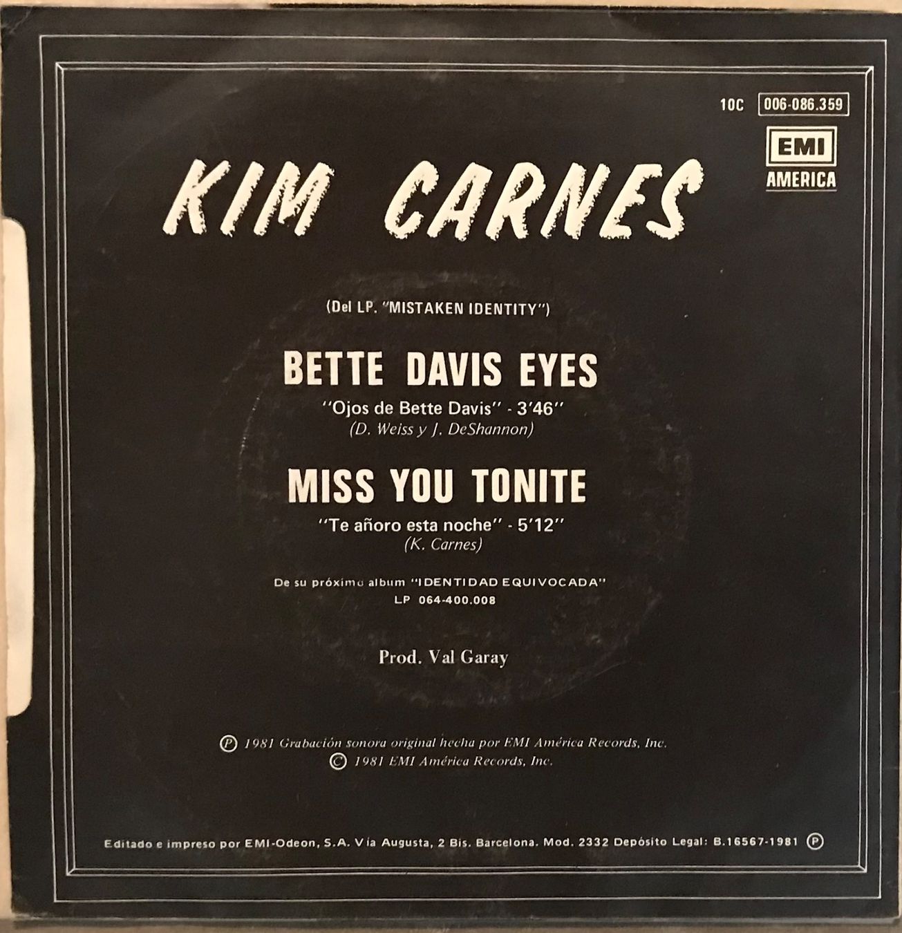 Schallplatten: KIM CARNES - BETTE DAVIS EYES – Gebraucht aus Bussigny von vinyl-pas-cher 1