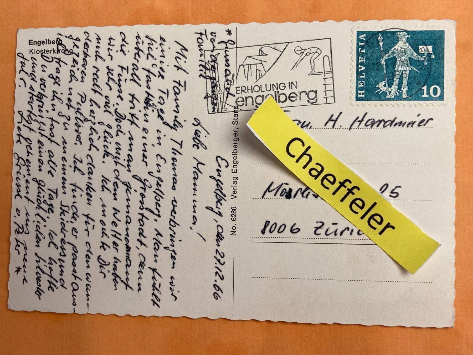 Cartoline postali: 1966 Engelberg, Klosterkirche – Usato da Zürich venduto da Chaeffeler 1