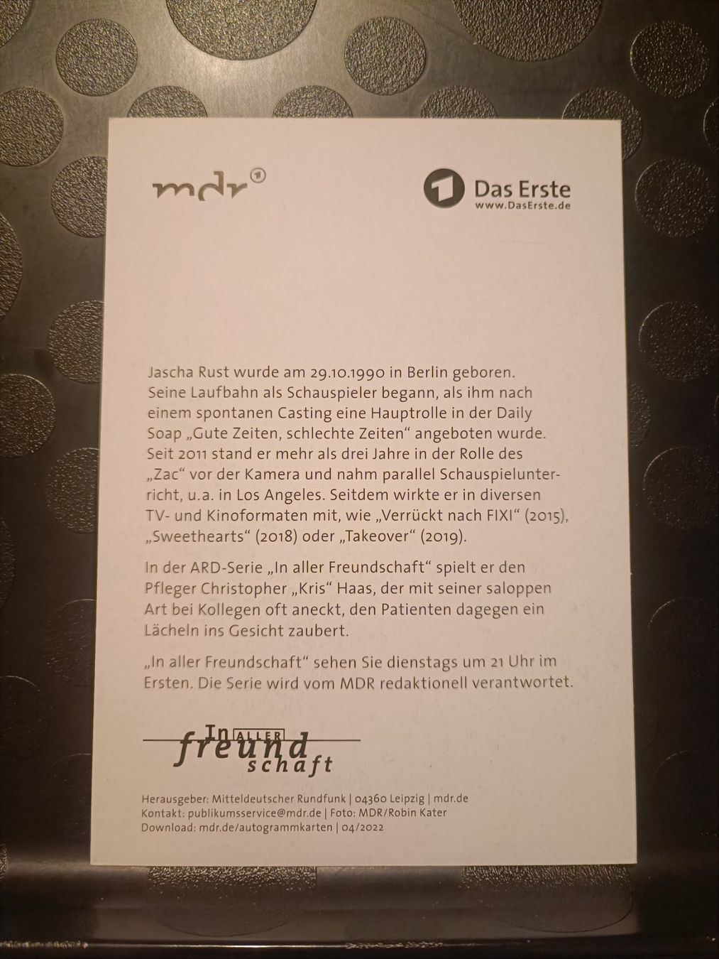 Autogramme: Jascha Rust - In aller Freundschaft - handsigniert – Gebraucht aus Menziken von Artographs 1