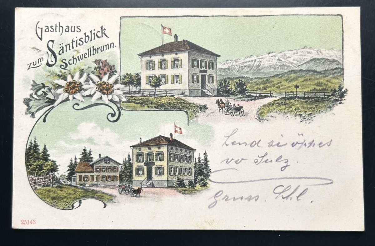 Cartoline postali: Schwellbrunn Gasthaus Säntisblick Litho  – Usato da Horw venduto da Tellbub