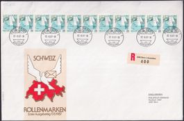 1987, ELFERSTREIFEN Nr.734 auf LUXUS-FDC +Rollenmarken 100.-