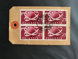 Schweiz 1949 Paketkarte 4er-Block 25Rp. UPU 75 J. gest.