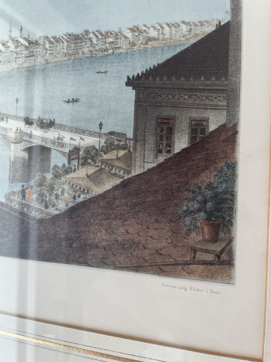Grafica & Litografie: Lithographie Basel - Mittlere Brücke 1860 – Usato da Basel venduto da Design-und-Allerlei 1