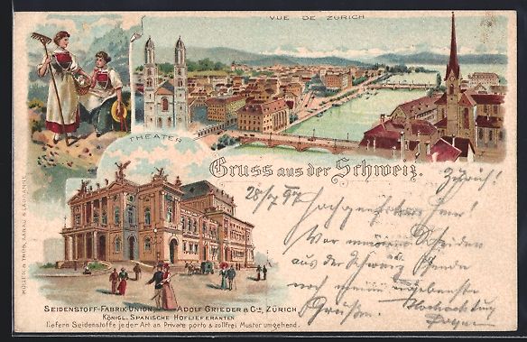 Cartoline postali: Litho Zürich, Ortspanorama mit Kirche – Usato da Berlin venduto da bartko-reher