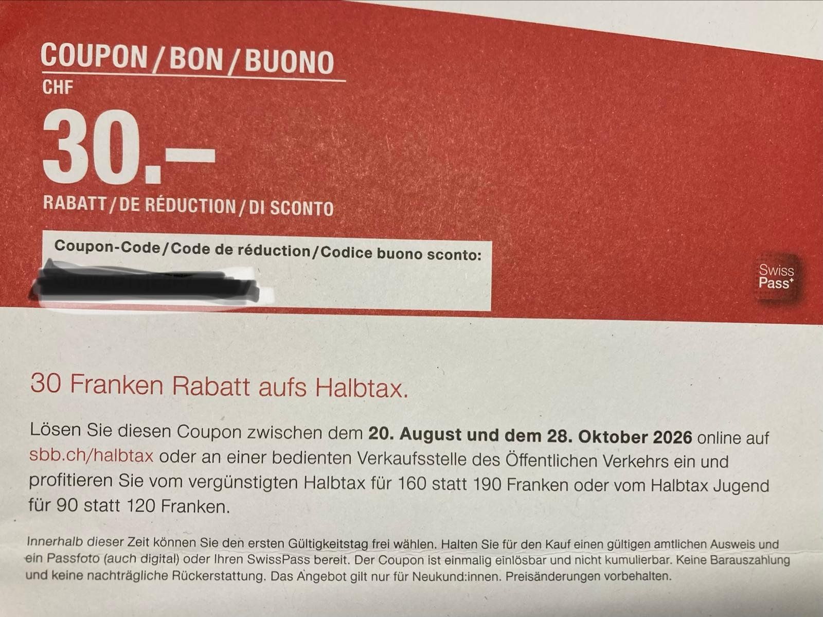 SBB/CFF/FFS Bons: 30 Fr. Rabatt auf Halbtax – Neuf (Voir description) à Mörschwil par Ohoh