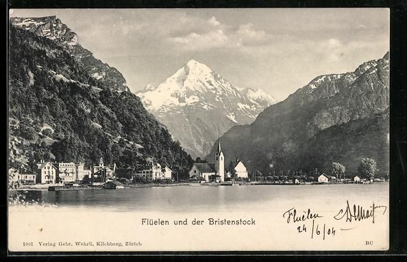 Cartoline postali: Flüelen, Ortsansicht mit Bristenstock – Usato da Berlin venduto da bartko-reher
