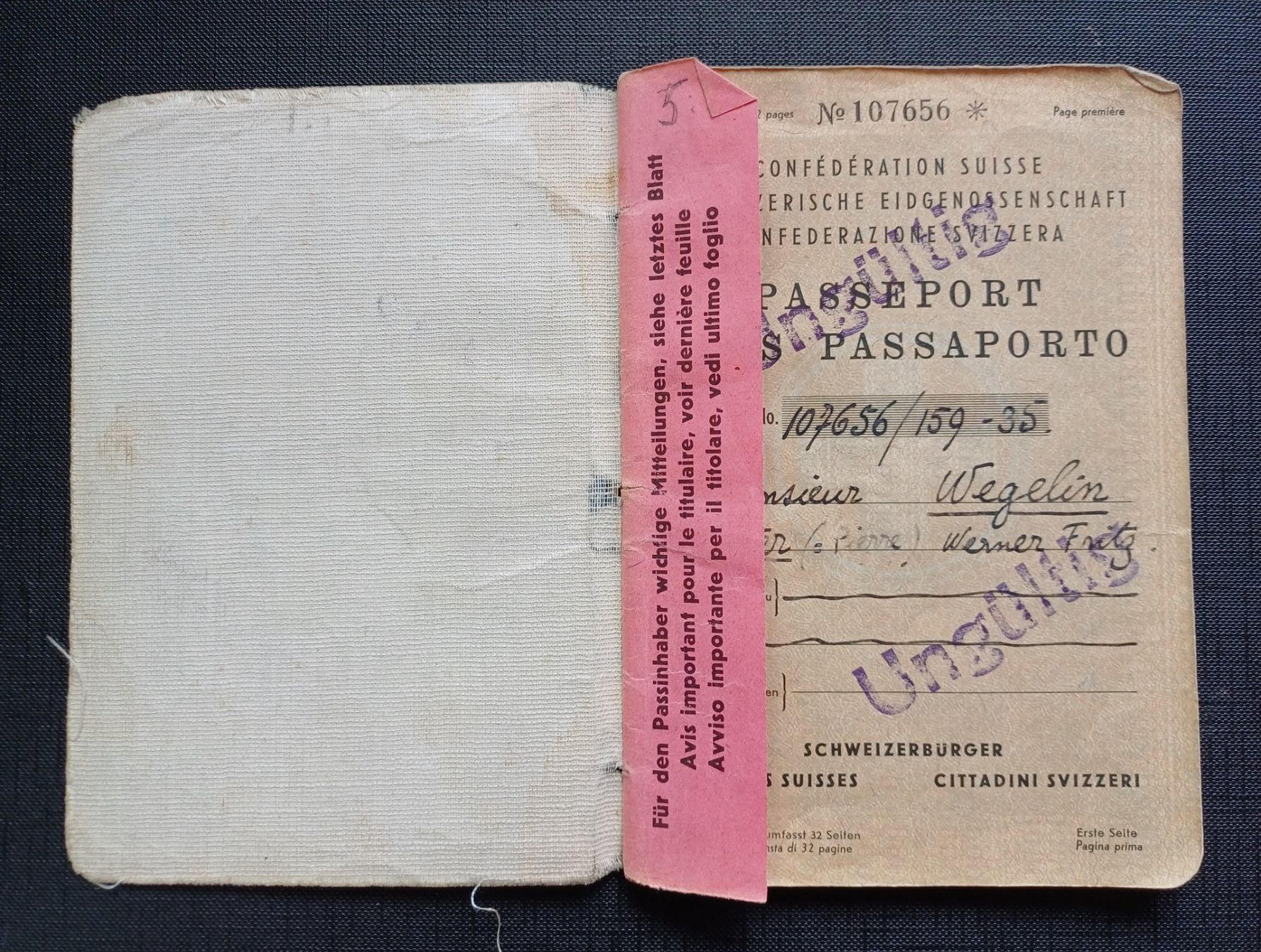Documents: Antiker SCHWEIZER PASS 1935 mit vielen Stempeln – D'occasion à Brittnau par  5