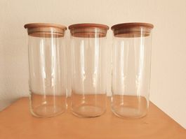 3 x Vorratglas mit Holzdeckel rund (Höhe 28 cm)