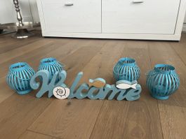 Deko Set Welcome Schriftzug mit vier blauen Laternen