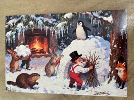 AK Wichtel Tiere  Winter  Schneehütte Wald  neu