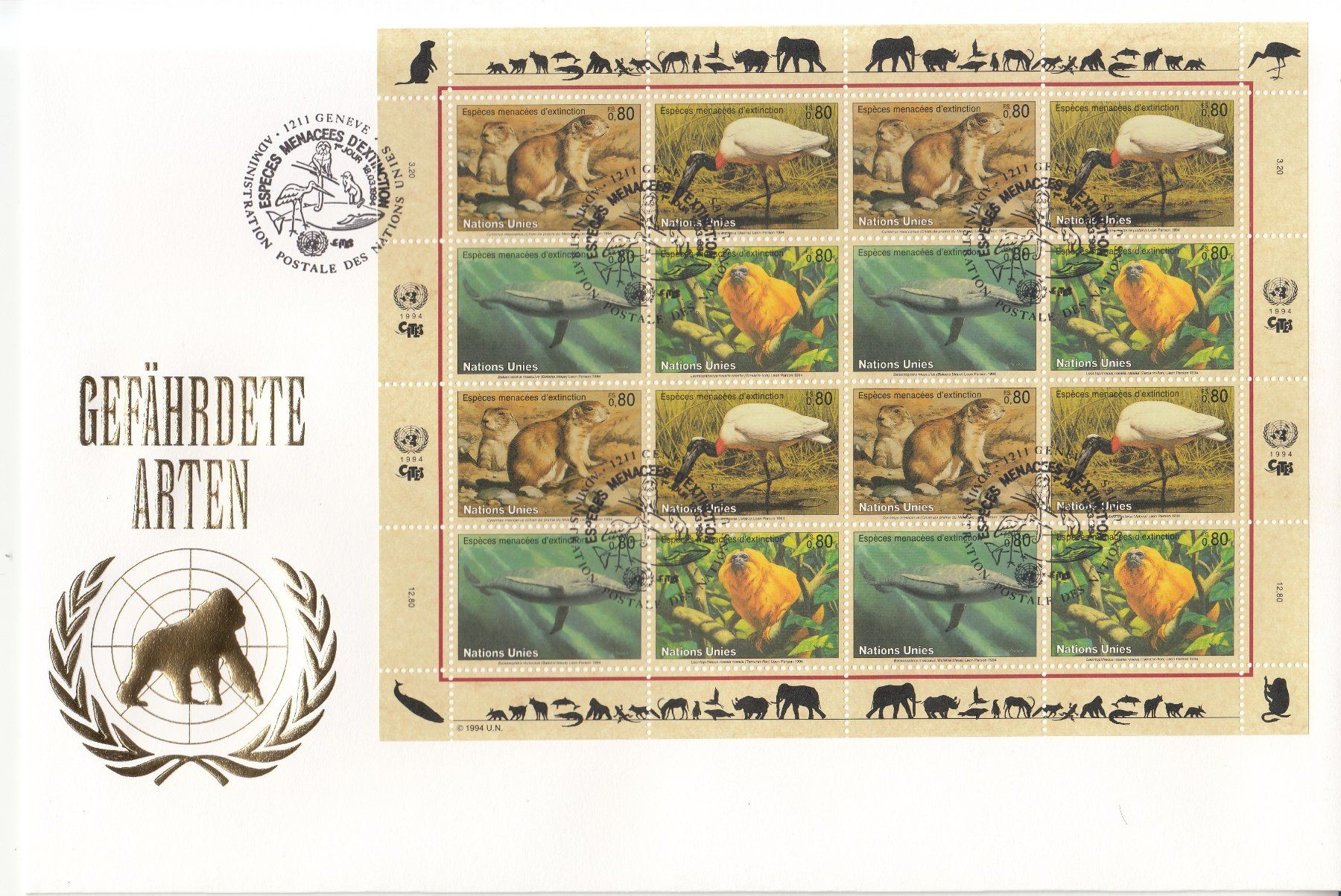 Tutti i francobolli: Gefährdete Arten, UNO 9 Grossbriefe 1993 - 1995 – Usato da Bürglen TG venduto da StampGraf 4