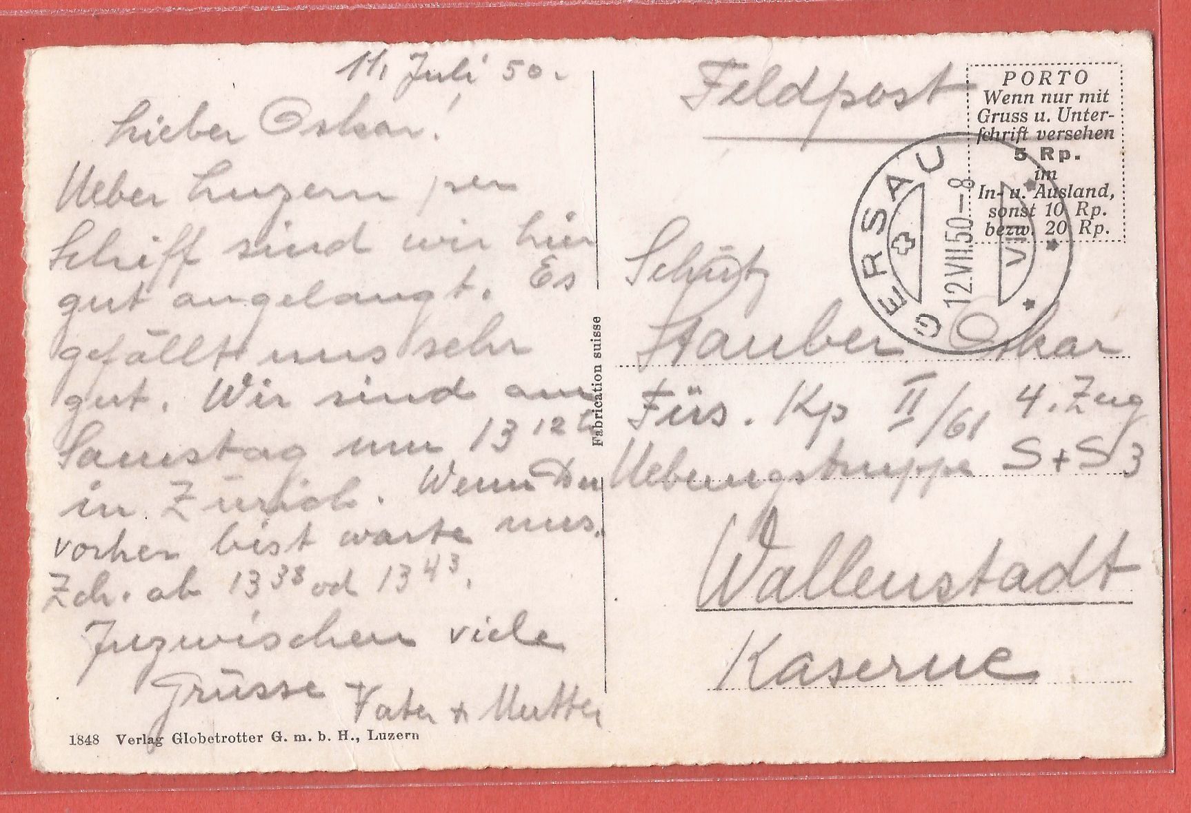 Cartoline postali: Gersau - Pension Restaurant Platten - 1950 gestempelt – Usato da Fislisbach venduto da Porano 1