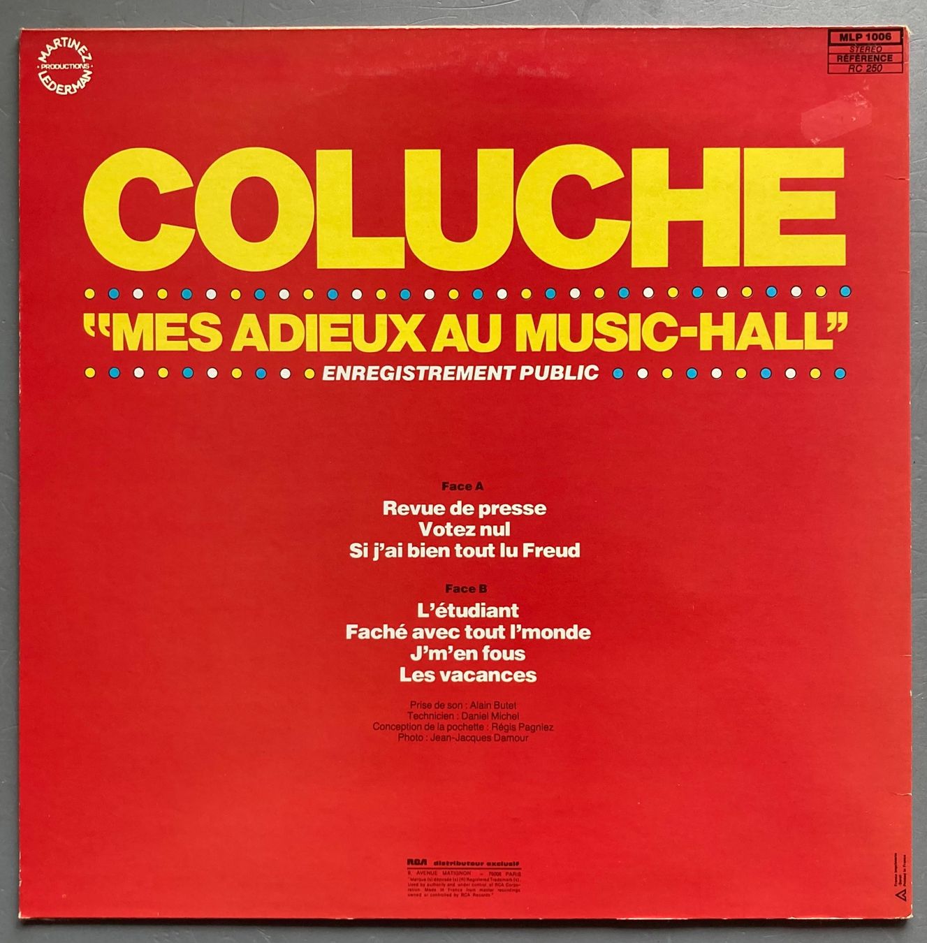 Dischi in vinile: COLUCHE - MES ADIEUX AU MUSIC-HALL – Usato da Poliez-Pittet venduto da Newtown-Records 1