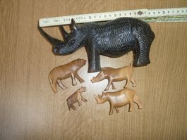 Holz Tier Figuren Set Nashorn Büffel Warzenschwein Holzdeko