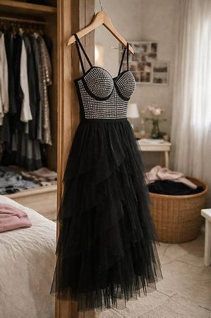 ABITO WOW NERO ELEGANTE  CORPETTO GIOIELLO & GONNA IN TULLE