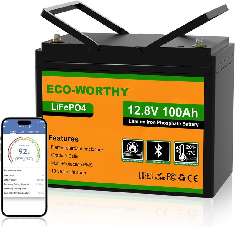 ECO-WORTHY LiFePO4 100Ah 12V Batterie + 10A Ladegerät – 3000 Zyklen, BMS, Für Solar & Wohnmobil