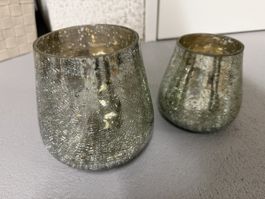 2 Windlichter aus Glas, Silber/Gold