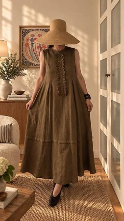 Wunderschönes langes Leinenkleid in Oliv, 100 % Leinen