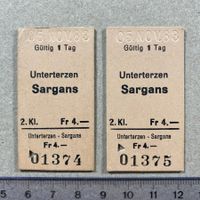 Unterterzen - Sargans, 2 alte Bahnbillette, SBB, 1374 & 1375