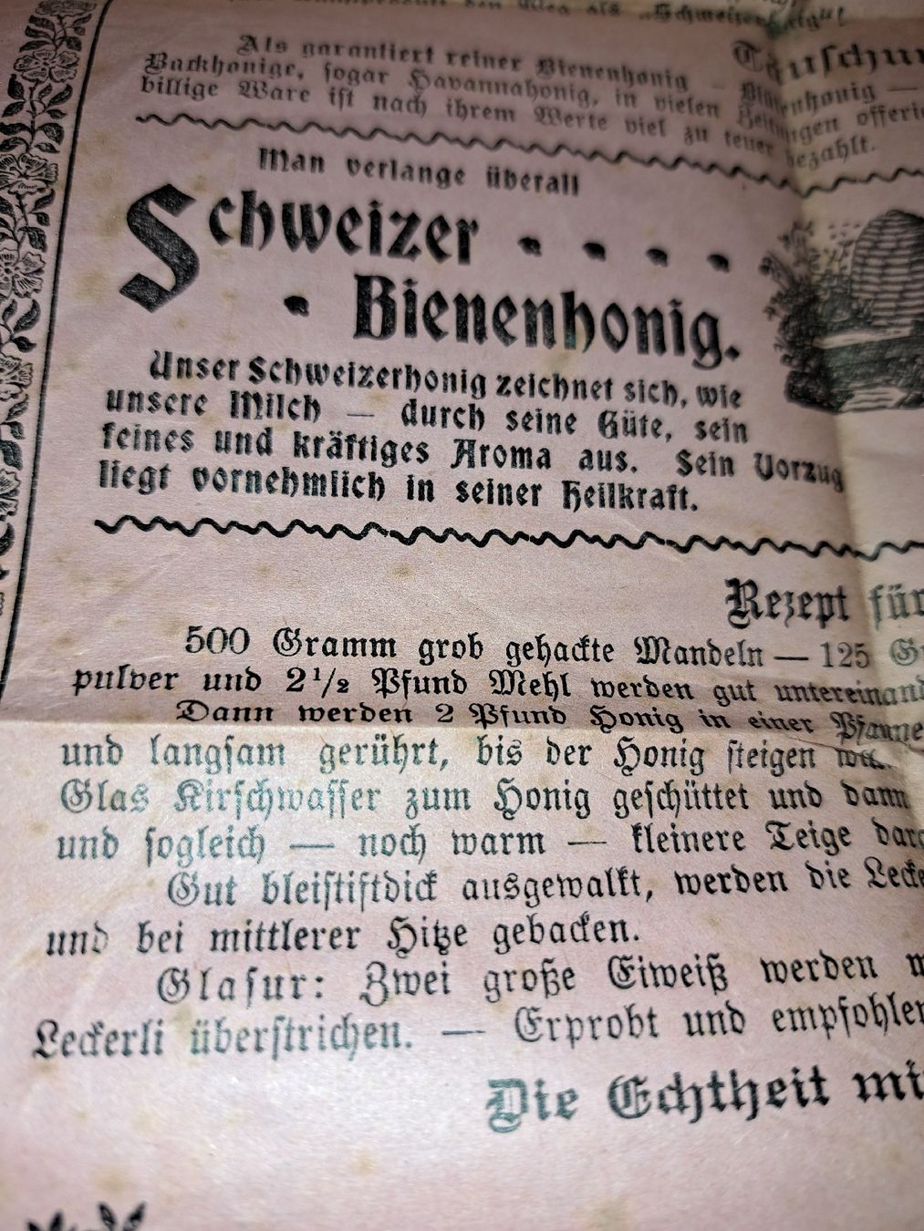 Dokumente: Antike Schweizer Bienenhonig Werbung, Rezept Basler Leckerli – Gebraucht aus Kölliken von Upcycling-by-Mc-TAM 2