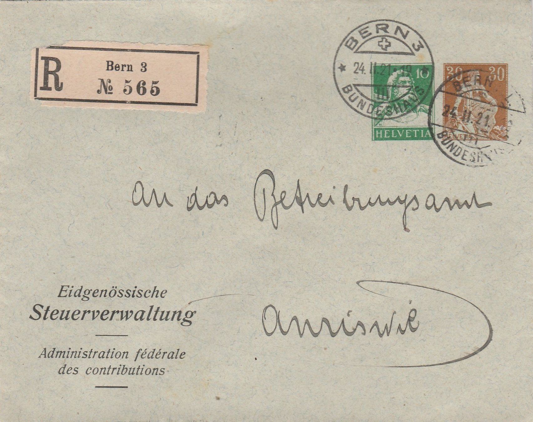 Tutti i francobolli: Privatumschlag  2 Wertstempel Bern 1921 – Usato da uttwil venduto da Koehlerfred