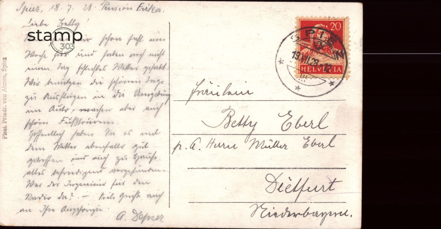 Ansichtskarten: 1928 AK Spiez am Thunersee – Gebraucht aus Eggersriet von stamp303 1