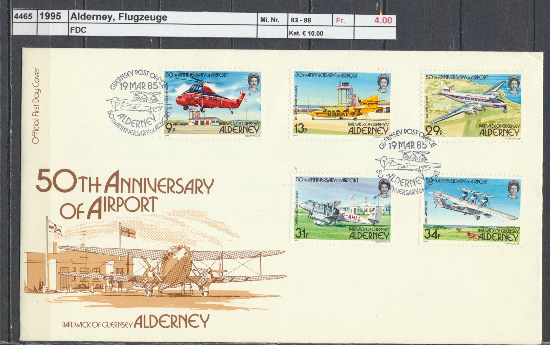 Tutti i francobolli: 1995 Alderney, "Flugzeuge", FDC – Usato da Winterthur venduto da Zupogeru