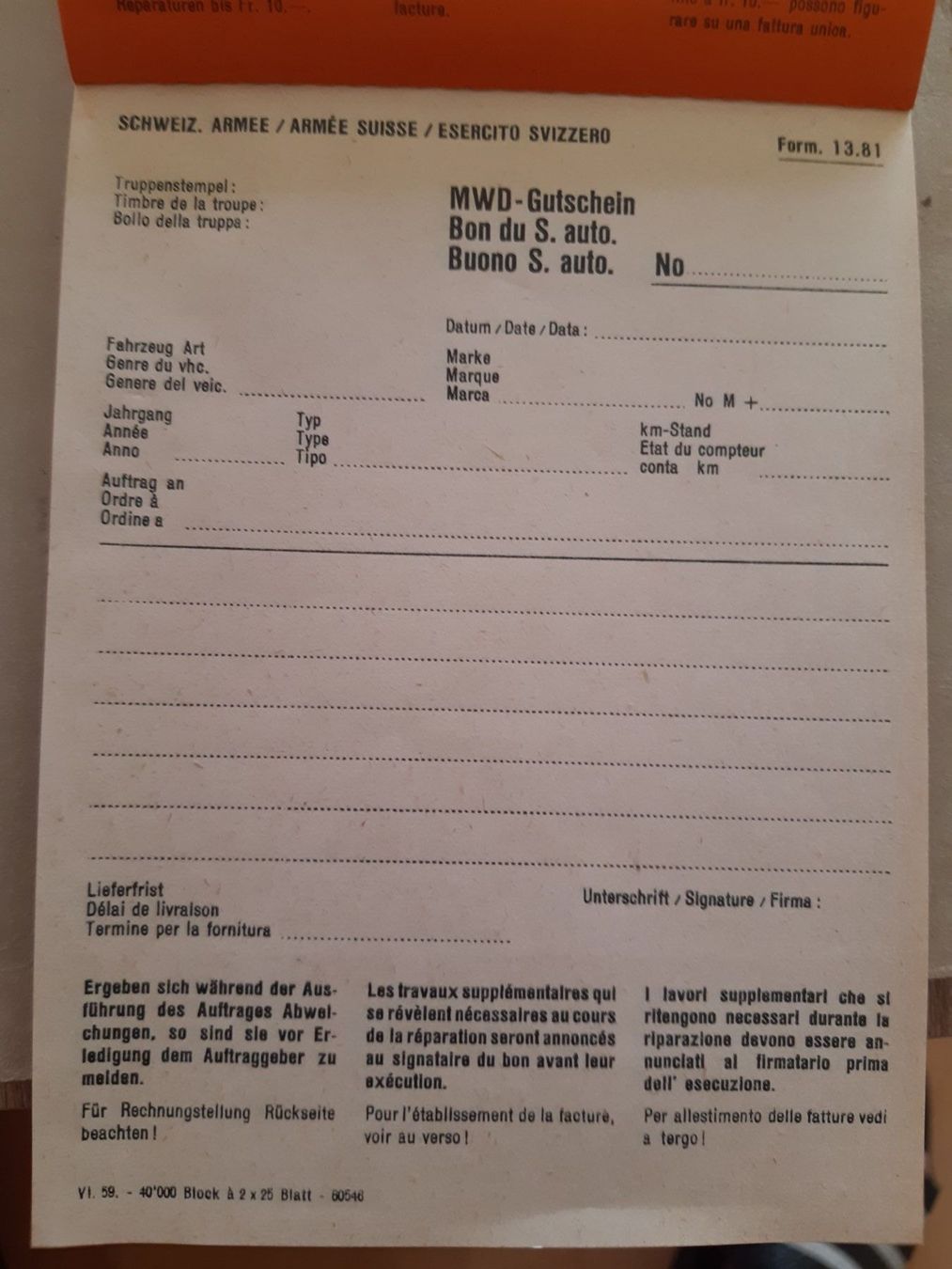 Buoni: Antike Armee MWD  Gutscheine / Ganzer Block – Usato da Schwanden Sigrisw venduto da cadieux71 1
