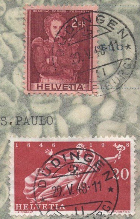Alle Briefmarken: DÜDINGEN 29.V.49   nach  s. PAULO – Gebraucht aus Aarau von kufi44 1
