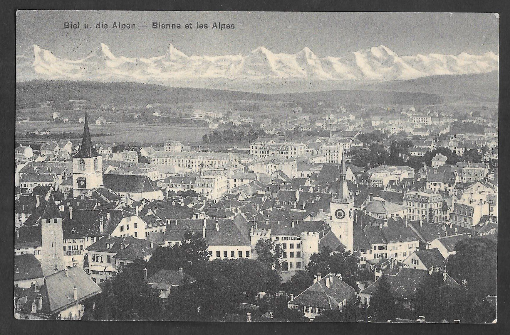 Cartoline postali: Biel - Bienne Teilansicht mit Alpen – Usato da Olten venduto da clotaldi