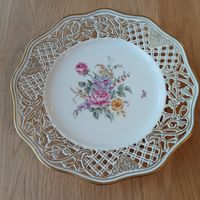 Zierteller Porzellan mit Blumendekor Goldrand 20 cm, Vintage