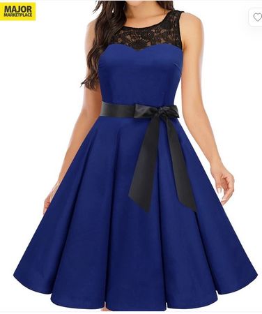 Robe soirée dentelle rétro vintage sans manches 1950 Bleue M