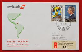 LIECHTENSTEIN SWISSAIR FLUGPOST ZHR CARACAS VENEZUELA 1985