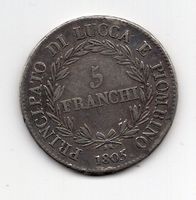 (314) Italien, 5 Franchi, Lucca,  1805, Silber, ss