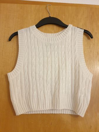 Pull court, S,  sans manches blanc maille torsadée