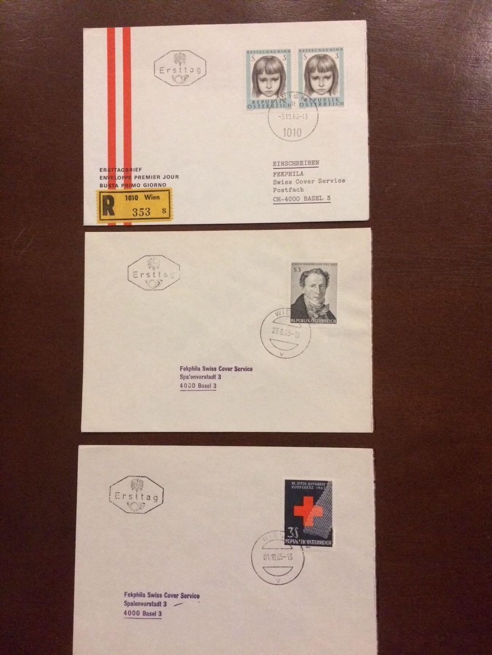 Alle Briefmarken: 3 Ersttagsbriefe Österreich 1965/1966 – Gebraucht aus Allschwil von Virgo
