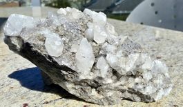 Weisse, klare Calzit Skalenoeder auf dunklem Muttergestein.