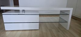 White IKEA TV Bench with Glass Shelves & Drawers