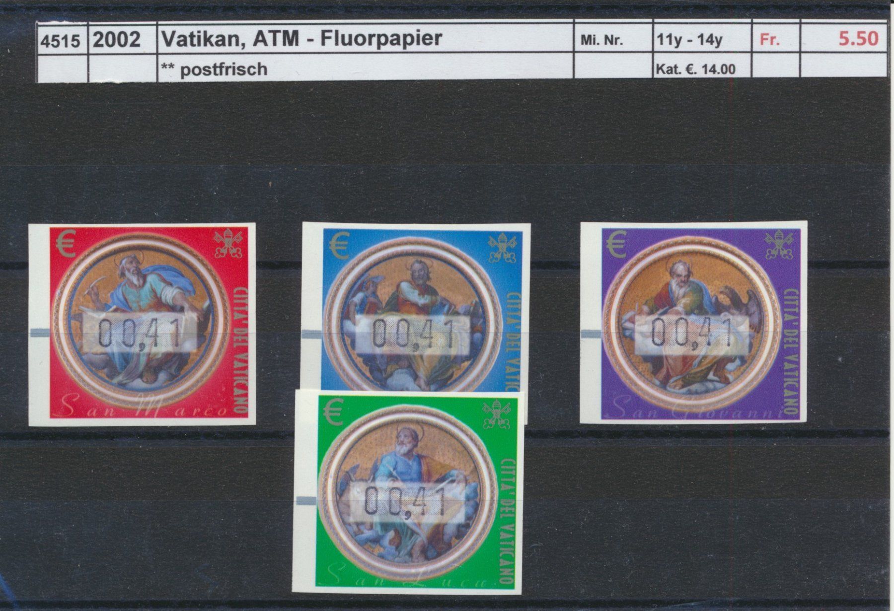 Tous les timbres: 2002 Vatikan, "ATM - Fluorpapier", ** postfrisch – Neuf (Voir description) à Winterthur par Zupogeru