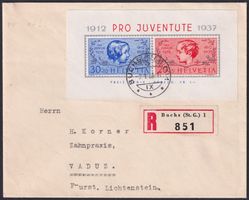 1937, Luxus-Brief J83I+J84I von BUCHS SG nach VADUZ, 100.-+