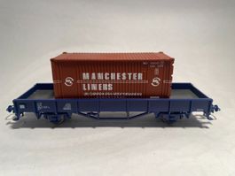 ROCO Niederbordwagen blau beladen mit Container, DC Achsen