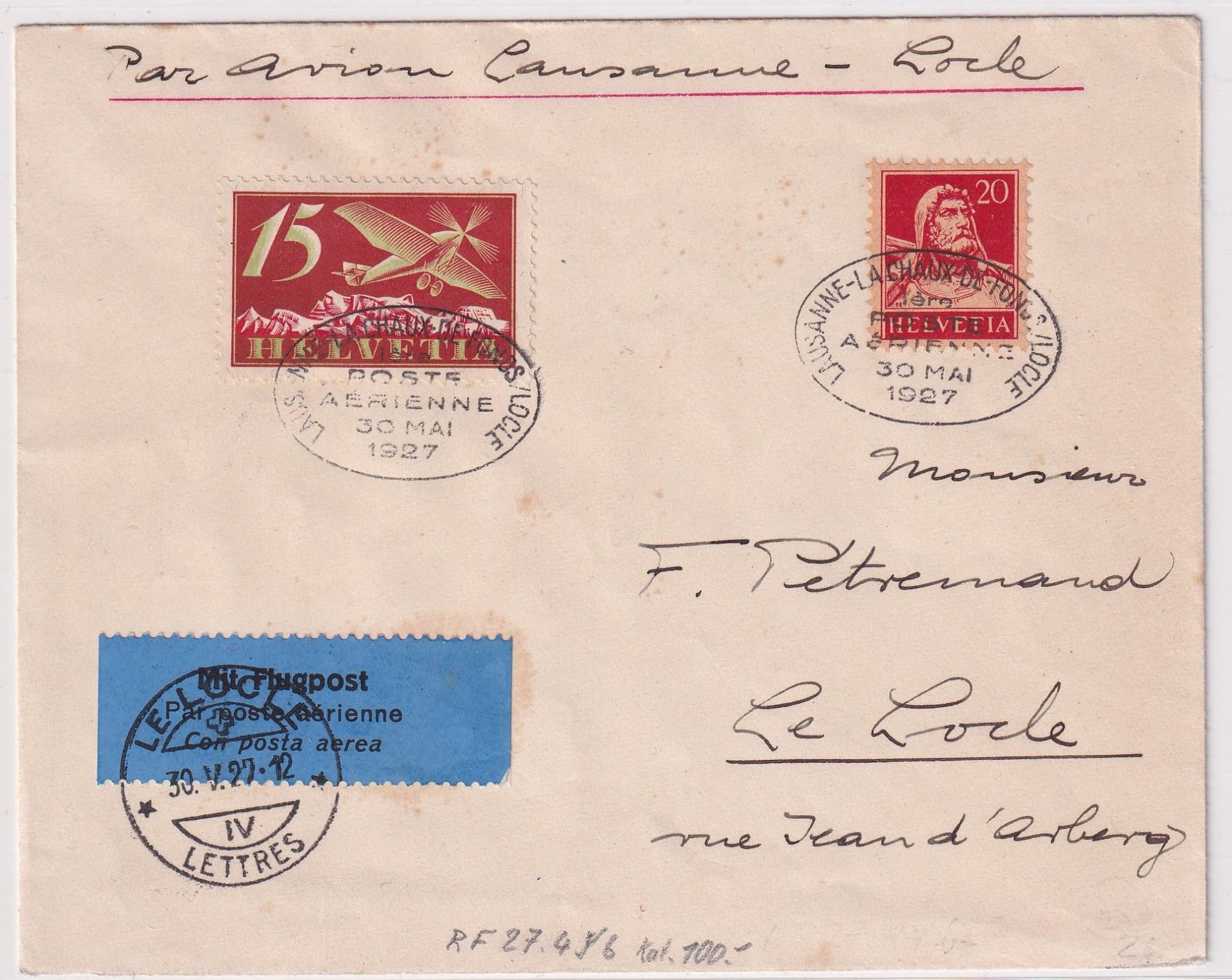 Tutti i francobolli: Flugbrief Lausanne-Le Locle, 1927 – Usato da Wenslingen venduto da riger11