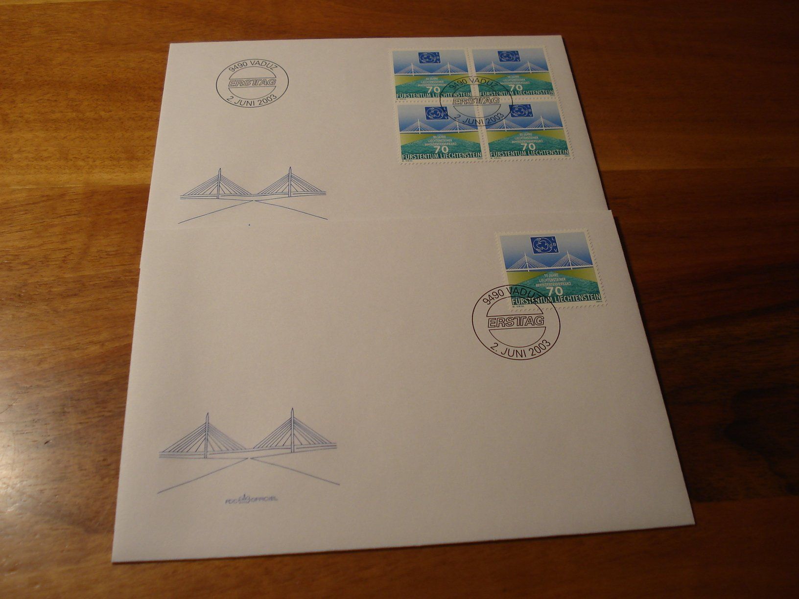 Alle Briefmarken: Liechtenstein 2003, Brücke, FDC Einzel + 4erblock – Gebraucht aus Niederwil AG von morostahu 1