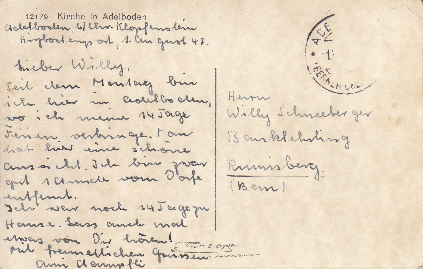 Cartoline postali: Adelboden 1947 – Usato da Bürglen TG venduto da StampGraf 1